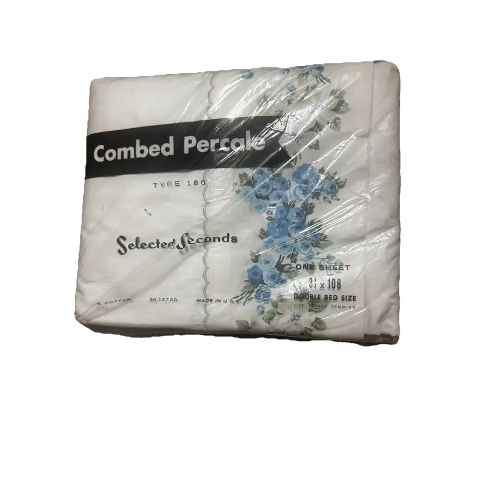 Vintage Combed Percale Blue Floral Sheet 81x108 Double Bed NOS USA